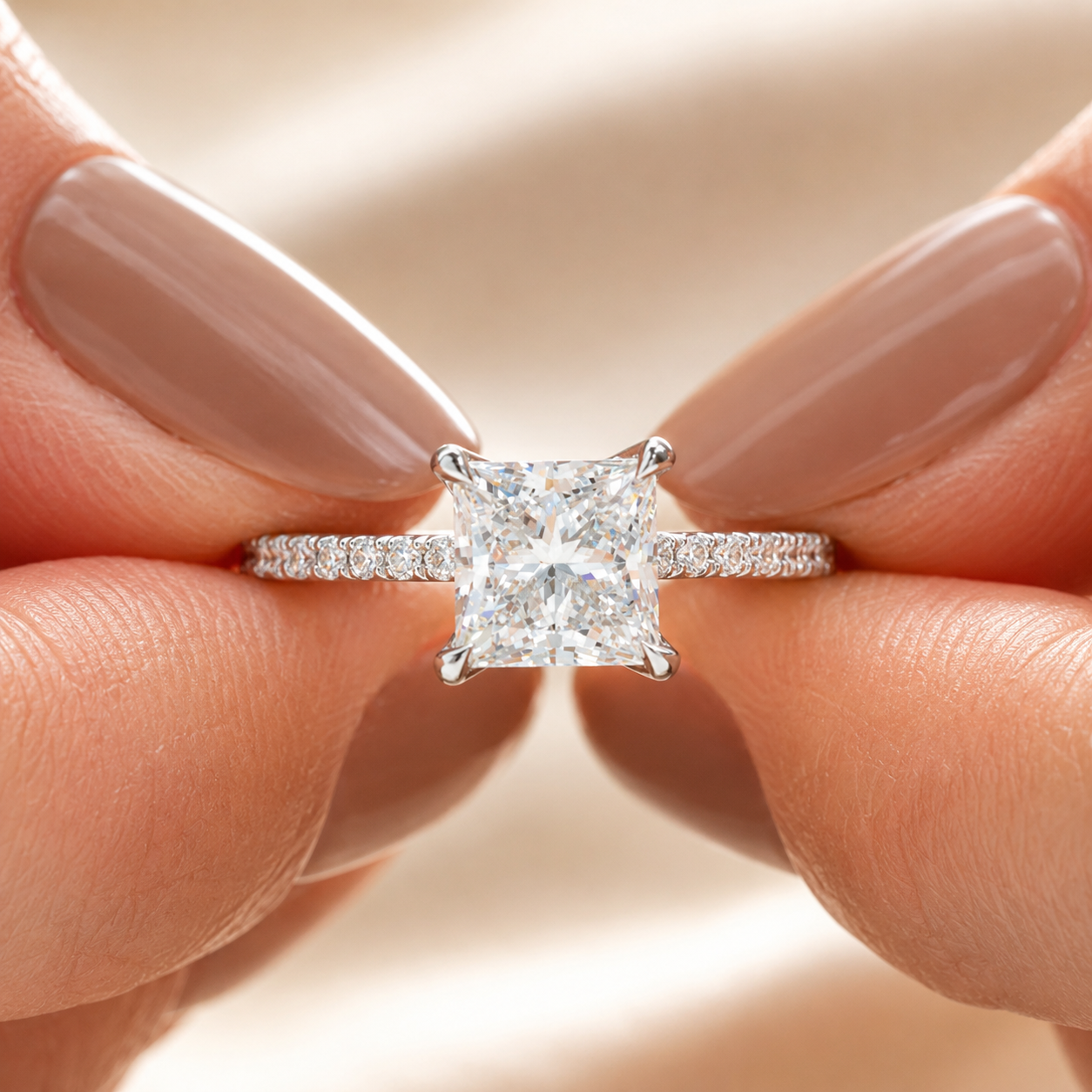 d (4) 2Ct Princess Cut Lab Grown Diamond Engagement Ring, 14k White Gold Pave Band - Image 1