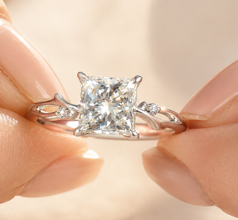 g (5) 2Ct Princess Cut Lab Grown Diamond Engagement Ring, 14k White Gold Nature Wedding Band - Image 1