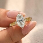Marquise Lab Diamond Engagement Ring, 14K Yellow Gold Vintage Hidden Halo Bridal Ring
