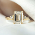 2.5 CT Emerald Cut Lab Grown Diamond Three-Stone Ring with Hidden Halo