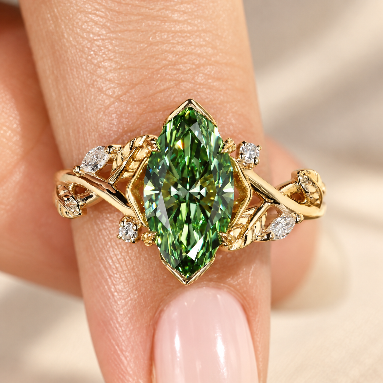 ChatGPT Image Sep 19, 2026, 01_33_28 PM Green Colored Marquise Cut Lab Grown Diamond Ring, Unique Engagement Ring in Nature Inspired Setting, Unique Anniversary Gift for Women - Image 1