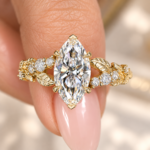 Lab Produced Diamond Ring in Nature Inspired Setting, V Prong Marquise Cut Engagement Ring with Leaf, E Color, VS1 Clarity IGI Certified