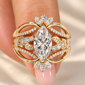 Victorial Engagement Ring with Enhancer, Marquise Cut Lab Grown Diamond Ring in Nature Inspired Setting, Unique Wedding Bridal Sets