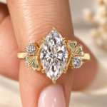 Solid Gold Engagement Ring in Marquise Cut lab Grown Diamond, Accent Round Diamond, Motif Leaf. Nature-Inspired Proposal Ring for Girlfriend