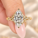 Marquise Lab Diamond Engagement Ring Side Gold Leaf and Flower, Comfort Nature-Inspired Wedding Ring, Bypass Setting, Promise Ring for Her