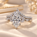 Marquise Cut Lab Grown Diamond Wedding Bridal Ring Sets, Tulip Basket Setting, Vintage Muse Engagement Ring with Curved Diamond Band, Gifts