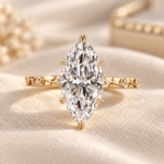 Marquise Diamond Solitaire Engagement Ring with Rose and Moon Engraved Details, Art Deco Nature Inspired Wedding Ring, Anniversary Gifts