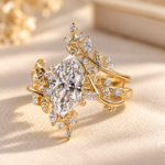 Nature Inspired Dutch Marquise Bridal Set with Marquise and Round Band, Leaves and Petal Design Wedding Ring Set, Anniversary Gift for Her