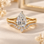 Lab Grown Diamond Bridal Set, Split Shank Pear Engagement Ring With Curved Diamond Band, Solid Gold Wedding Ring Set