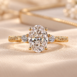 Art Deco Engraved Engagement Ring with Oval and Round Lab Grown Diamond Three Stone Style, Unique Wedding Ring For Women, Anniversary Gifts