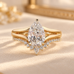 Lab Grown Diamond Bridal Set, Split Shank Pear Engagement Ring With Curved Diamond Band, Solid Gold Wedding Ring Set