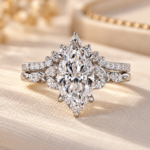 Marquise Cut Lab Grown Diamond Wedding Bridal Ring Sets, Tulip Basket Setting, Vintage Muse Engagement Ring with Curved Diamond Band, Gifts