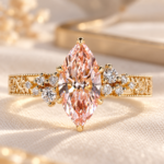 Pink Marquise Diamond Engagement Ring in Tulip Basket and Etched Details, Side Round Lab Grown Diamond Accent, Handmade Wedding Ring for Her