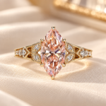 Pink Marquise Vintage Engagement Ring with Round Side Stones and Milgrain Details, Lab Grown Diamond Wedding Ring for Her, Anniversary Gifts