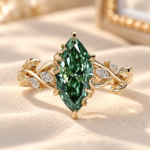 Nature Inspired Engagement Ring in Green Marquise Lab Grown Diamond, Filigree Style Wedding Ring, Leaves and Petal Design, Handcrafted Ring