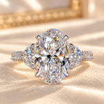 4.00Ct Oval Cut Lab Grown Diamond Engagement Ring,Three Stone Trilogy Ring,Side Half Moon Cut,Hidden Halo Wedding Ring,Personalized Gifts