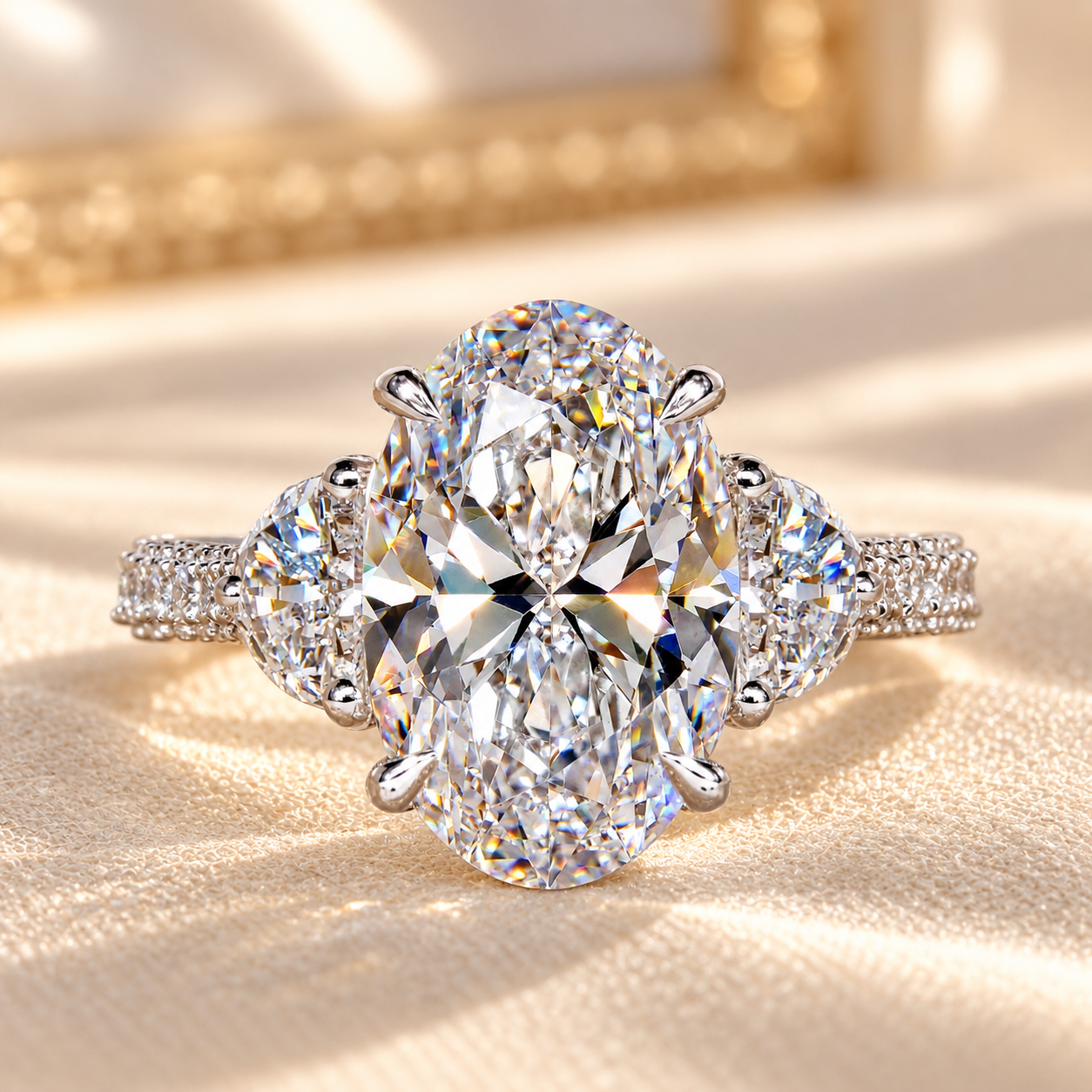 ChatGPT Image Sep 26, 2026, 10_07_34 PM 4.00Ct Oval Cut Lab Grown Diamond Engagement Ring,Three Stone Trilogy Ring,Side Half Moon Cut,Hidden Halo Wedding Ring,Personalized Gifts - Image 1