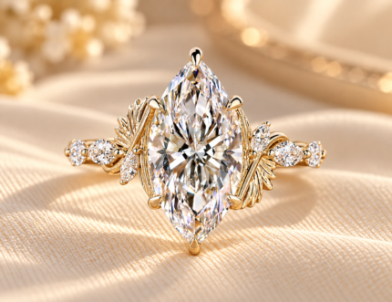 Marquise nature inspired ring with lab-grown center and leaf-like diamond accents, front view on cream fabric