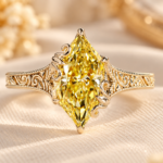 Vintage Engagement Ring in Dutch Marquise Yellow Lab Grown Diamond, Floral Basket Details with Engraved Shank, Handmade Ring by Diamond Vishwa