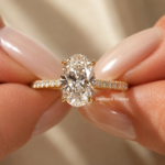 2 Ct Oval Lab Grown Diamond Engagement Ring, Hidden Halo Pavé Band, Custom Gold Ring