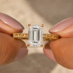 2.5 Ct Emerald Cut Lab Grown Diamond Engagement Ring, Vintage Filigree Hidden Halo Ring