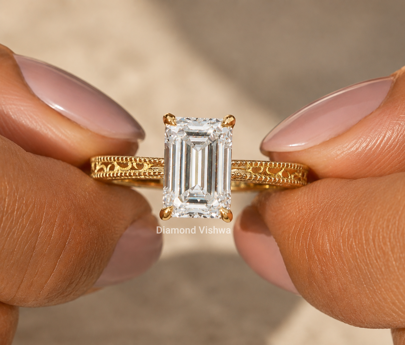 IMG_20260516_103542 2.5 Ct Emerald Cut Lab Grown Diamond Engagement Ring, Vintage Filigree Hidden Halo Ring - Image 1