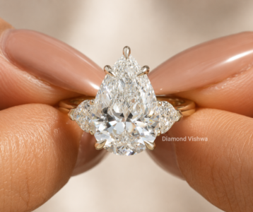 5.5 Ct Pear Lab Grown Diamond Three Stone Ring, Heart Side Stone Engagement Ring