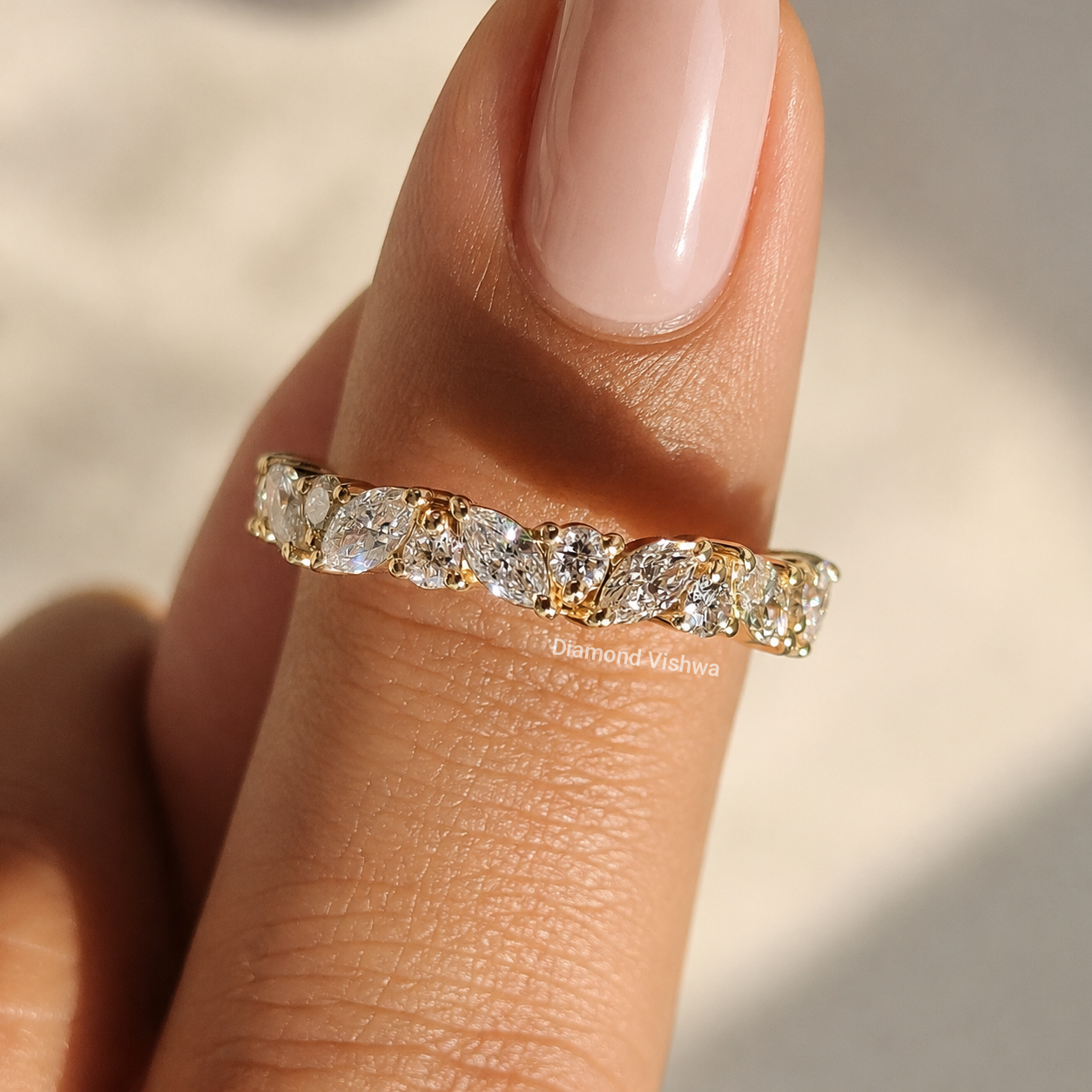 IMG_20260602_182303 Lab Grown Diamond Wedding Band, Marquise & Round Diamond Band, Curved Wedding Ring, Half Eternity Anniversary Band, Solid Gold Ring - Image 1