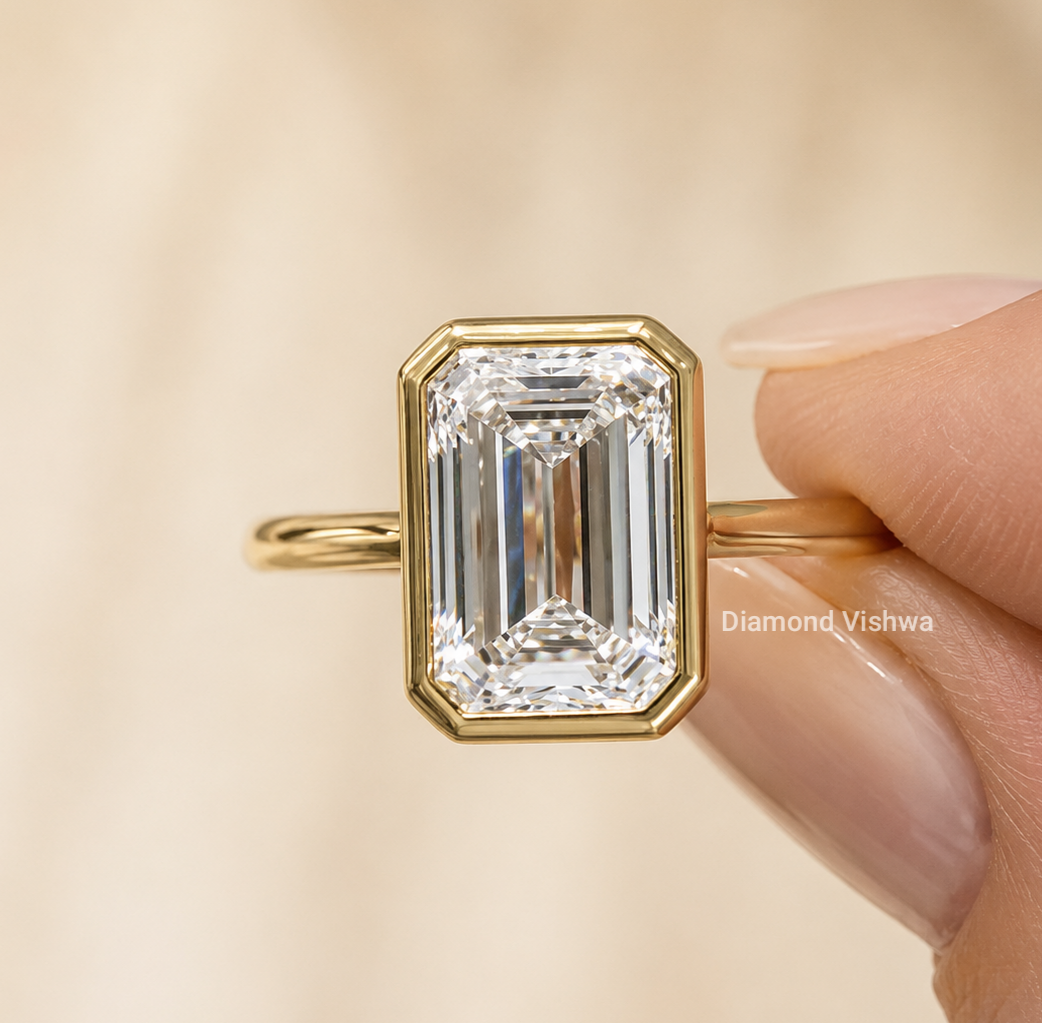 IMG_20260902_165241 4 CT Emerald Cut Lab Grown Diamond Bezel Ring in 14K Yellow Gold - Image 1