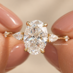 2.5 CT Oval Lab Grown Diamond Engagement Ring, Pear Side Stone Three Stone Ring, Hidden Halo 14K Gold Engagement Ring
