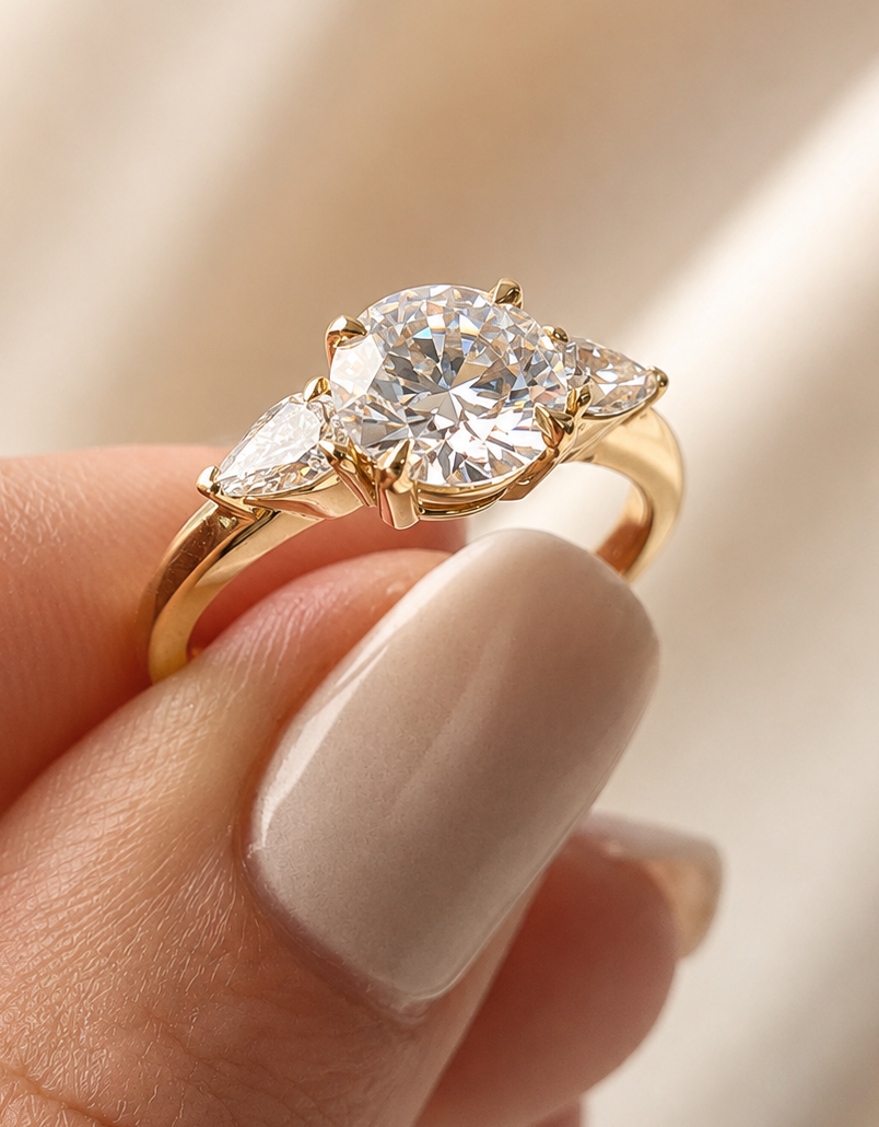 a (1) 2 CT Round Lab Grown Diamond Three-Stone Ring with Pear Side Diamonds - Image 1