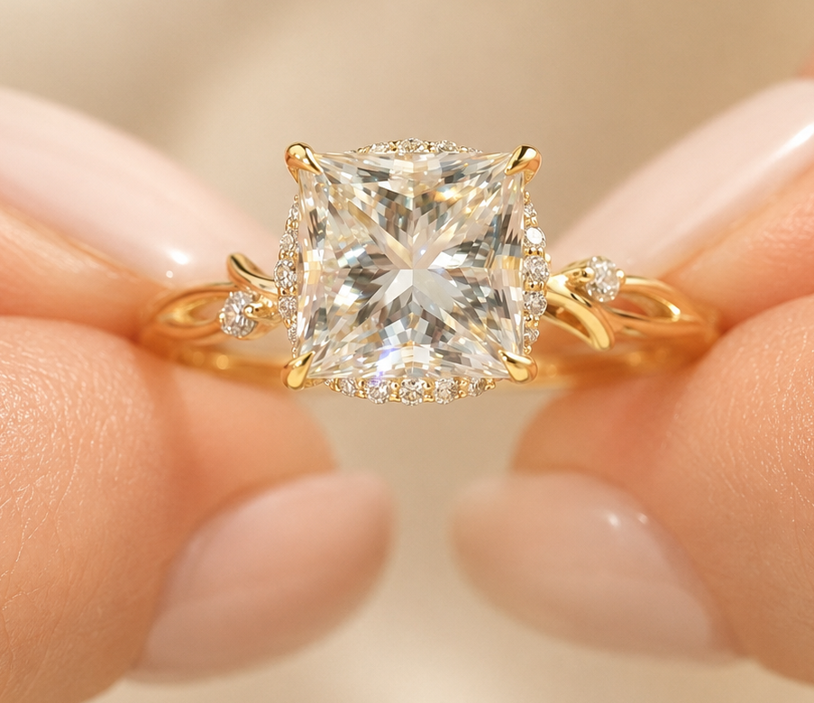 a (1) 2.5 CT Princess Cut Lab Grown Diamond Engagement Ring with Nature-Inspired Band in 14K Yellow Gold - Image 1