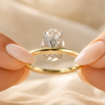 2 CT Oval Lab Grown Diamond Engagement Ring with Half-Pavé Band in Two-Tone Gold