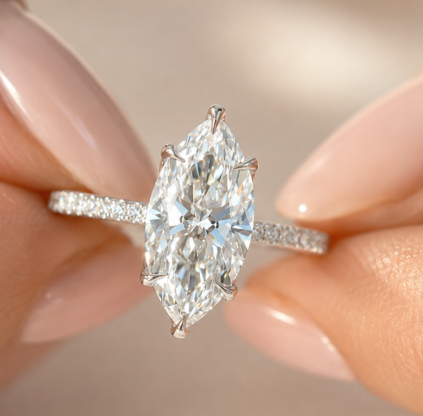 a (2) 2.5 CT Marquise Lab Grown Diamond Engagement Ring with Floral Hidden Halo - Image 1