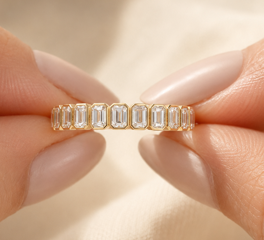 a (4) 1 CTW Emerald Cut Lab Grown Diamond Bezel-Set Half-Eternity Wedding Band in 14K Yellow Gold - Image 1