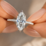 3 CT Marquise Lab Grown Diamond Engagement Ring, Hidden Halo Pavé Band, 14K Gold