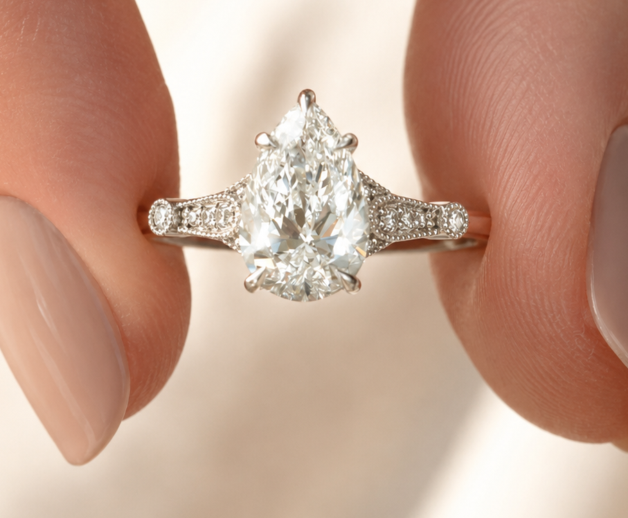 a (4) 2 CT Pear Lab Grown Diamond Engagement Ring with Filigree Setting in 14K White Gold - Image 1