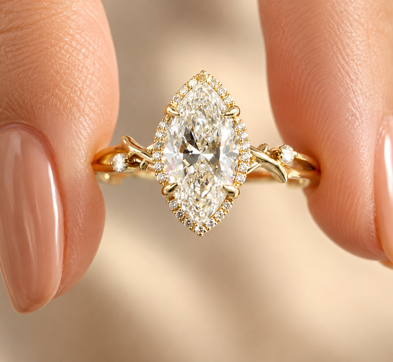a (4) 2Ct Marquise Lab Grown Diamond Engagement Ring, Nature Inspired Band, 14k Yellow Gold - Image 1