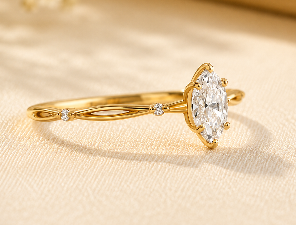 a (5) 1 CT Marquise Lab Grown Diamond Nature-Inspired Ring in 14K Yellow Gold - Image 1