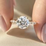 2.5 CT Round Lab Grown Diamond Engagement Ring with Diamond Accent Band in 18K Yellow Gold
