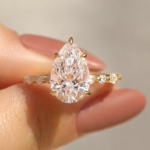 3 Ct Pear Lab Grown Diamond Engagement Ring, Hidden Halo Pavé Band, Custom Gold Ring