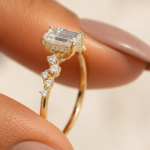 1.5 Ct Emerald Cut Lab Grown Diamond Engagement Ring, Hidden Halo Side Stone Gold Ring
