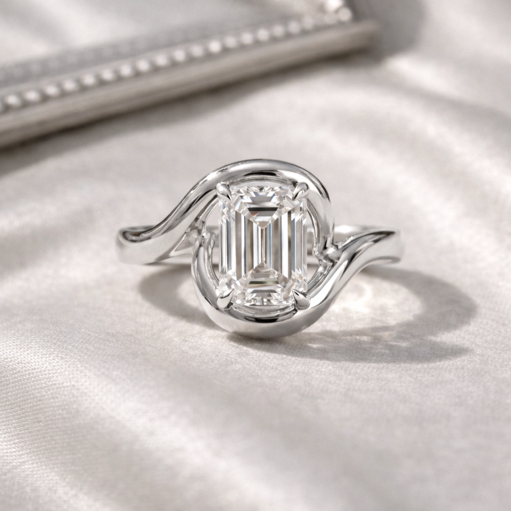 file_0000000041b872088962acb0509e80f1 2 CT Emerald-Cut Lab-Grown Diamond Engagement Ring, 14K Gold Wave Band - Image 1