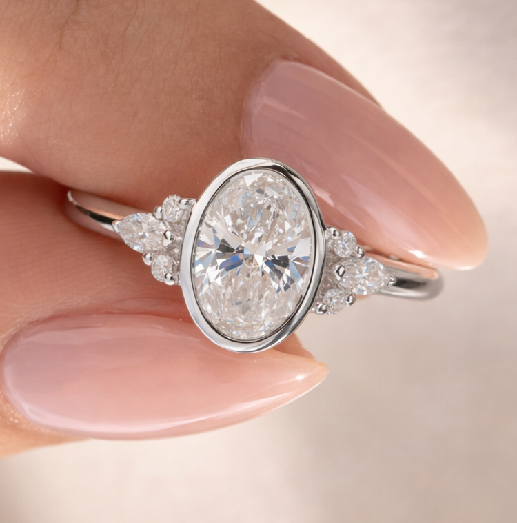 image (1) 2 CT Oval Lab-Grown Diamond Bezel Engagement Ring with Marquise Side Stones - Image 1