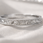 14K Solid Gold Floral Engraved Wedding Band, Vintage Stackable Ring