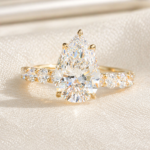 Pear Cut Lab Grown Diamond Engagement Ring, 2 CT Hidden Halo with Pavé Band, Silver or Gold
