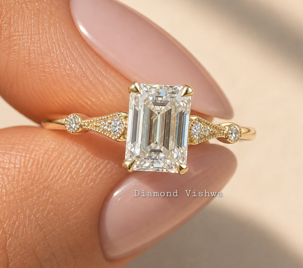 img (7) (1) 2 CT Emerald Cut Lab Grown Diamond Vintage Side-Stone Ring - Image 1