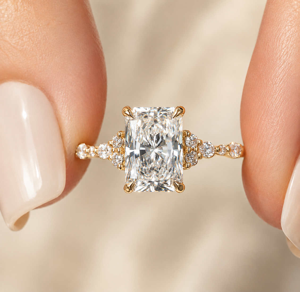 r (10) Radiant Cut Lab Grown Diamond Engagement Ring, 2 CT Halo Pavé Accent Ring, Silver or Gold - Image 1