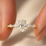 1.5 Ct Oval Lab Grown Diamond Engagement Ring, Marquise and Round Side Stone Gold Ring