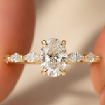 1.5 Ct Oval Lab Grown Diamond Engagement Ring, Marquise and Round Side Stone Gold Ring